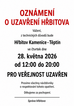 Oznamení o uzavření hřbitova
